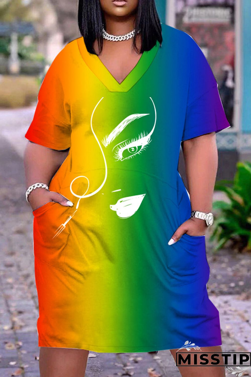 Blue Pink Casual Print Basic V Neck Short Sleeve Dress