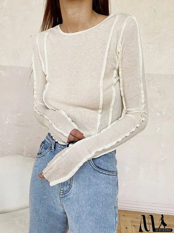 MidiSono - Long Sleeves Skinny Pleated Solid Color Round-Neck T-Shirts