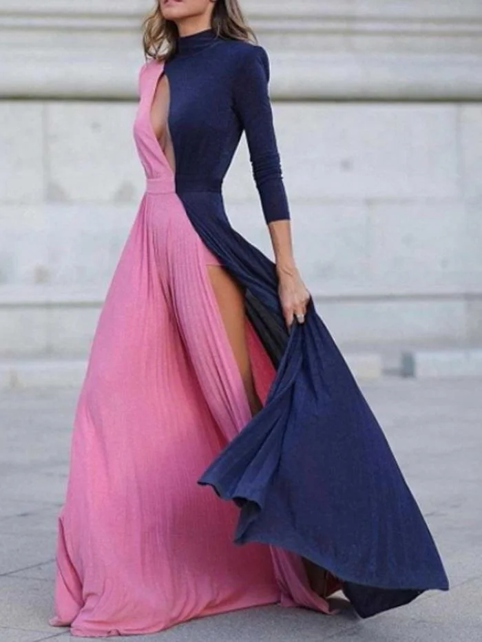 Stand Collar Pink/Navy Elegant Dress