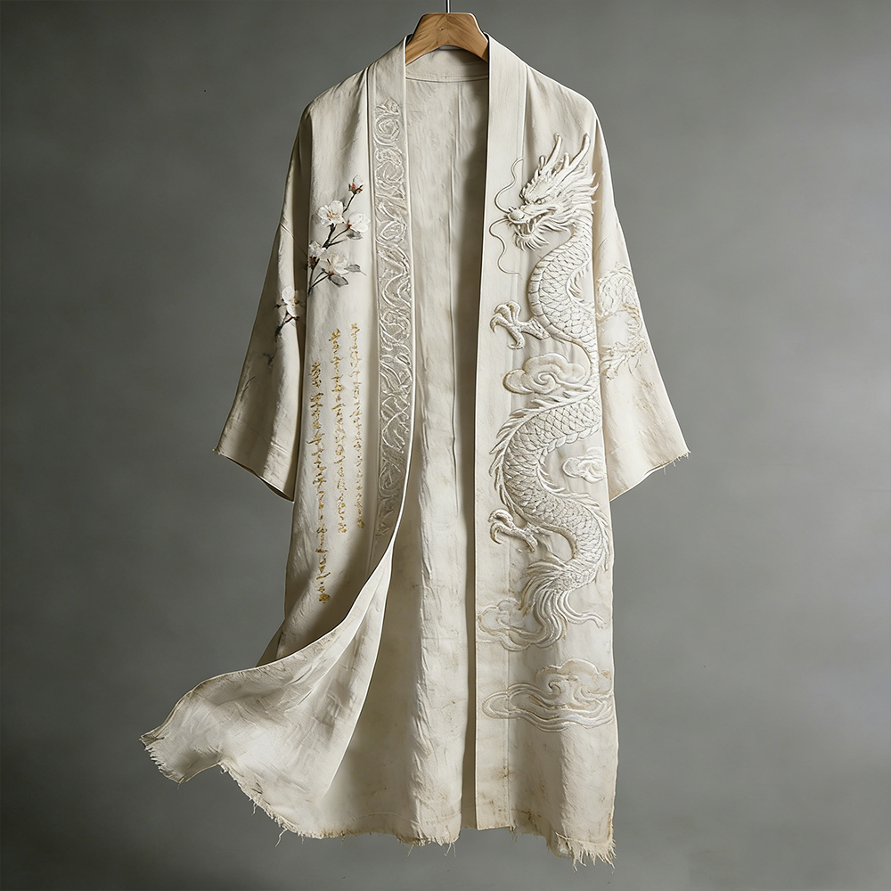 Vintage Japanese-style Dragon And Cherry Blossom Calligraphy Art Cotton-linen Distressed Kimono elevenforest