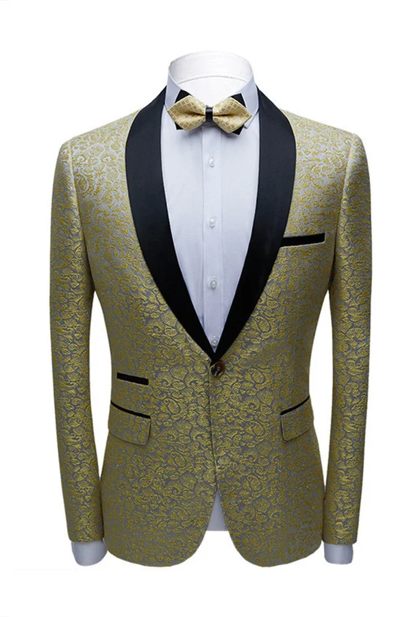 Bellasprom Glamrous Shawl Lapel With Gold Jacquard Black Reception Suit For Groom