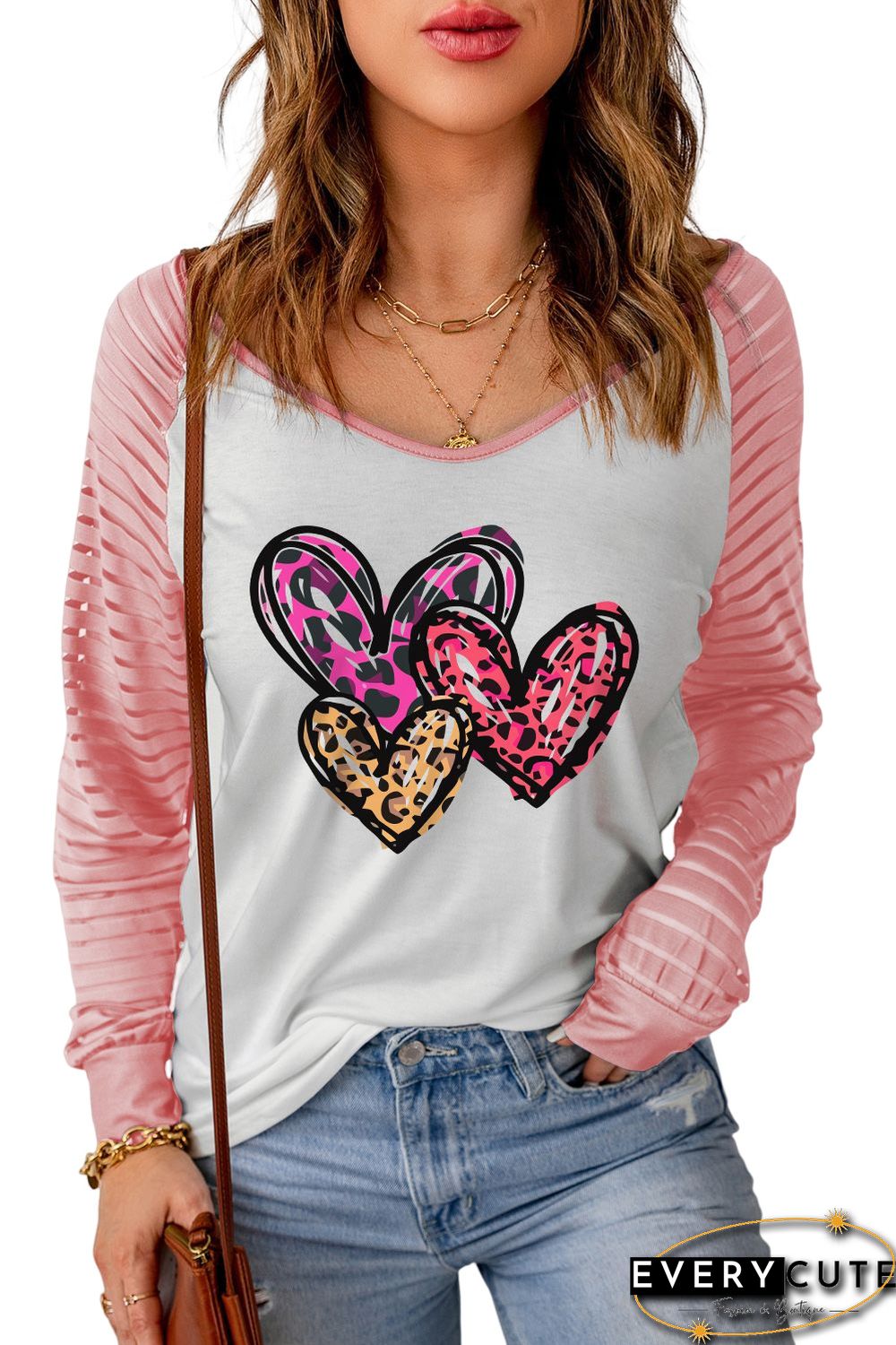 Pink Sheer Striped Sleeve Valentine's Day Leopard Heart Print Top