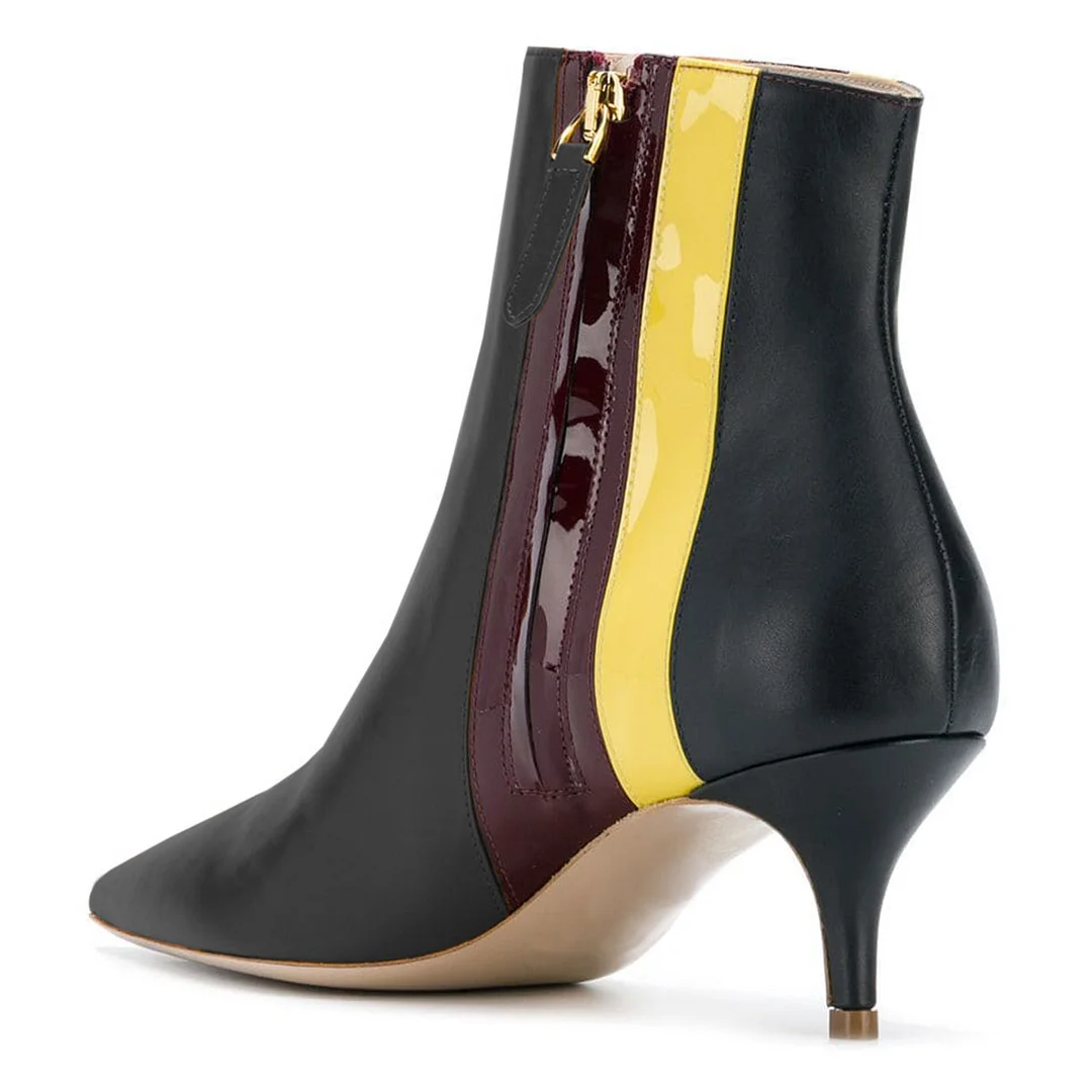 Black Side Zipper Multicolor Stripes Kitten Heel Short Boots for Women