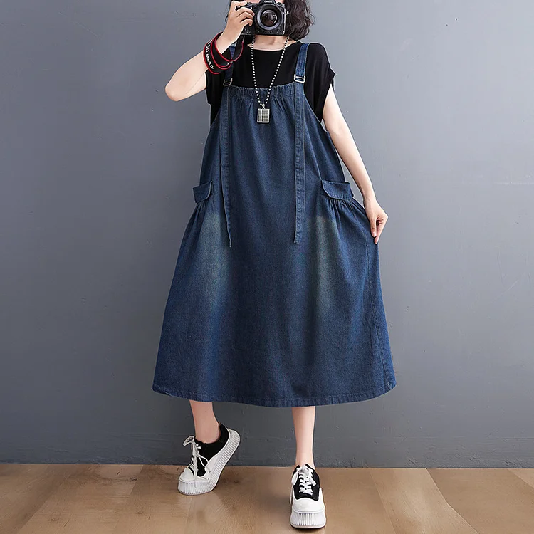 Loose Solid Color Denim Suspender Midi Dress - yankia