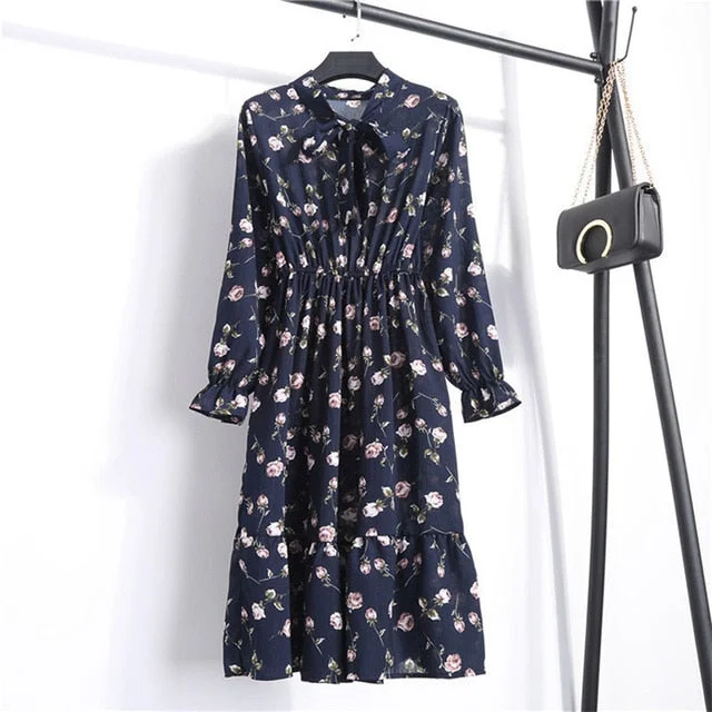 Vintage Floral Printed Chiffon Shirt Long Sleeve Bow Midi Dress