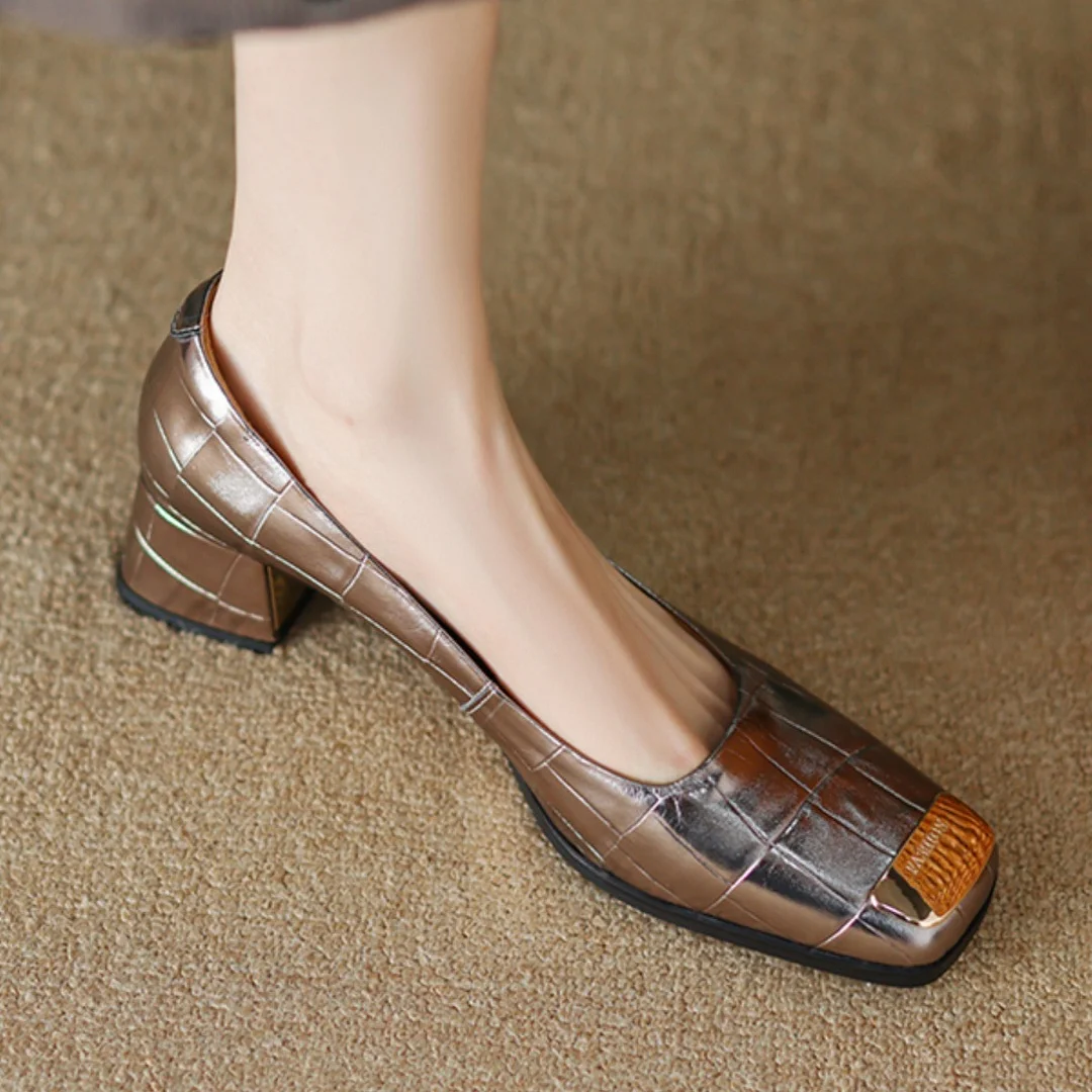 Churchf Churchf 2024 New Head Layer Metal Thick Heel Heel Square Head Shallow Foot Pedal Single Shoes Women