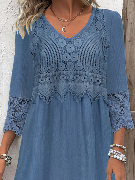 Women Half Sleeve V-neck Solid Color Dress