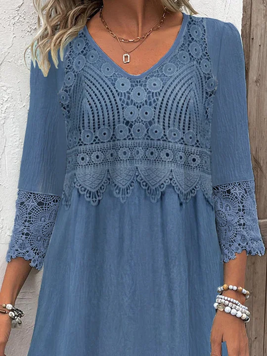 Women Half Sleeve V-neck Solid Color Dress