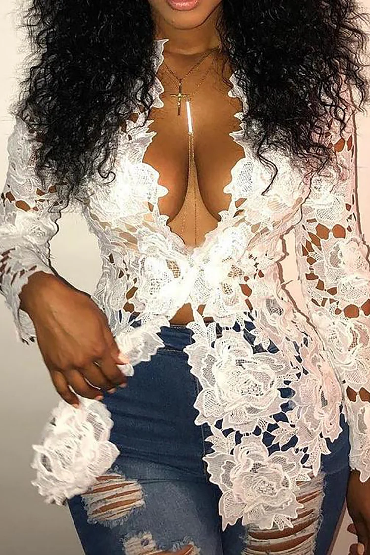 Xpluswear Plus Size White Guipure Lace Long Sleeves Blouse