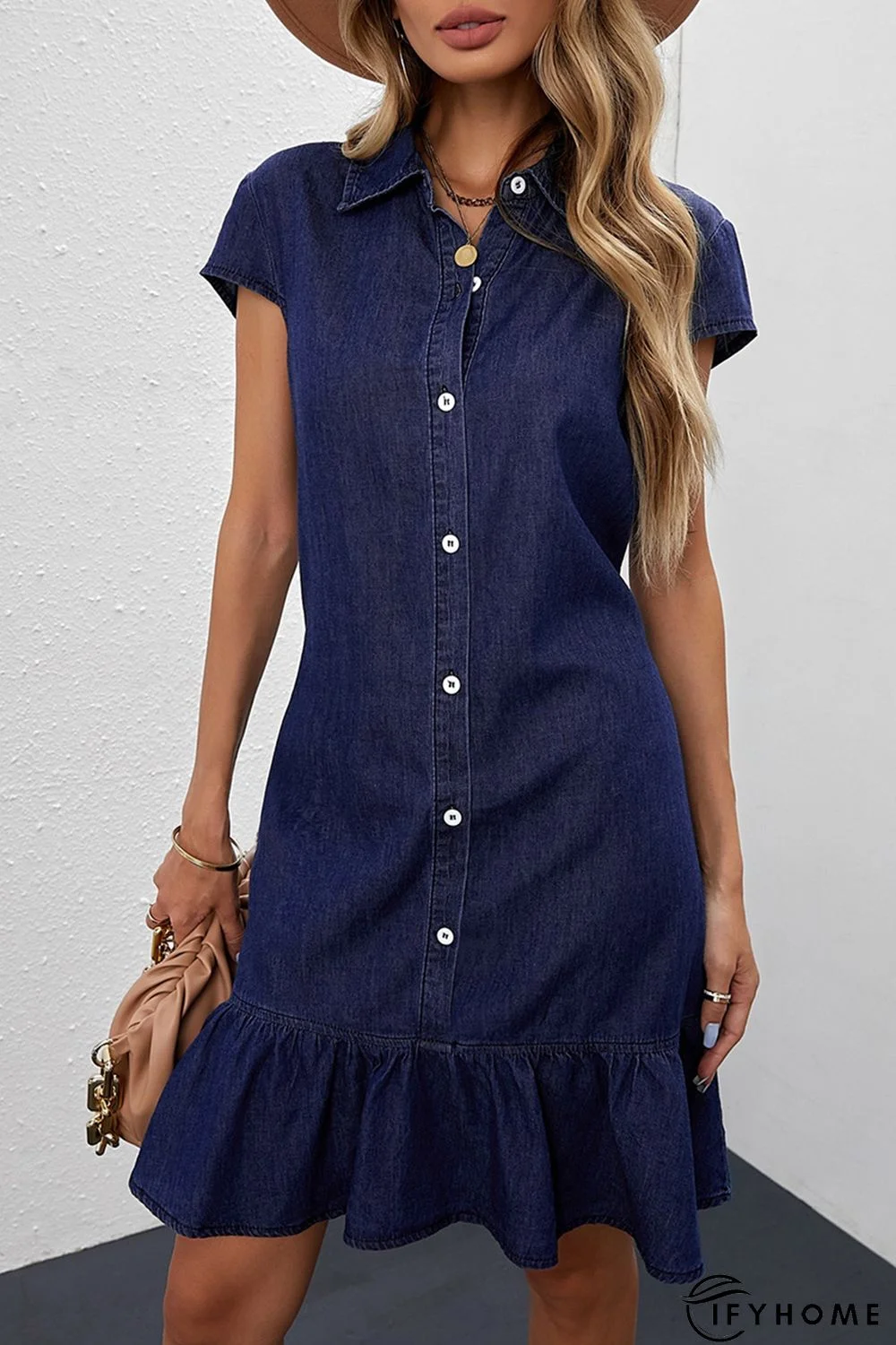 Blue Cap Sleeve Button Front Denim Mini Dress | IFYHOME