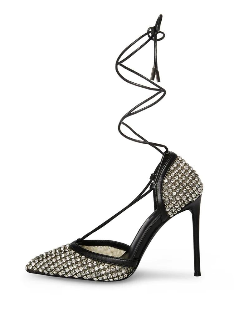Sparkly Rhinestone Lace Up Pointed Toe Gladiator Ankle Wrap Close Toe Stiletto Heel Sandals
