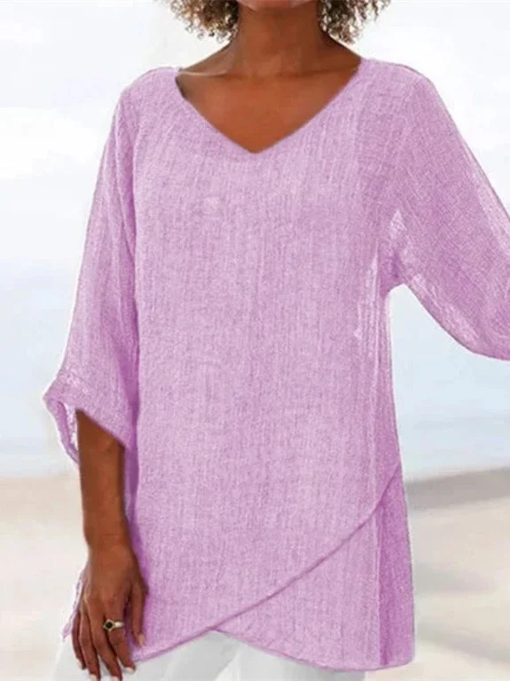 Women Asymmetrical Half Sleeve V-neck Solid Tops