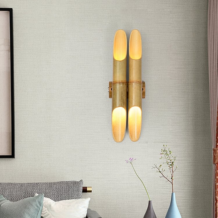 4 Lights Tea Room Wall Sconce Lighting Asian Beige Up-Down Wall Lamp with Dual Bar Bamboo Shade
