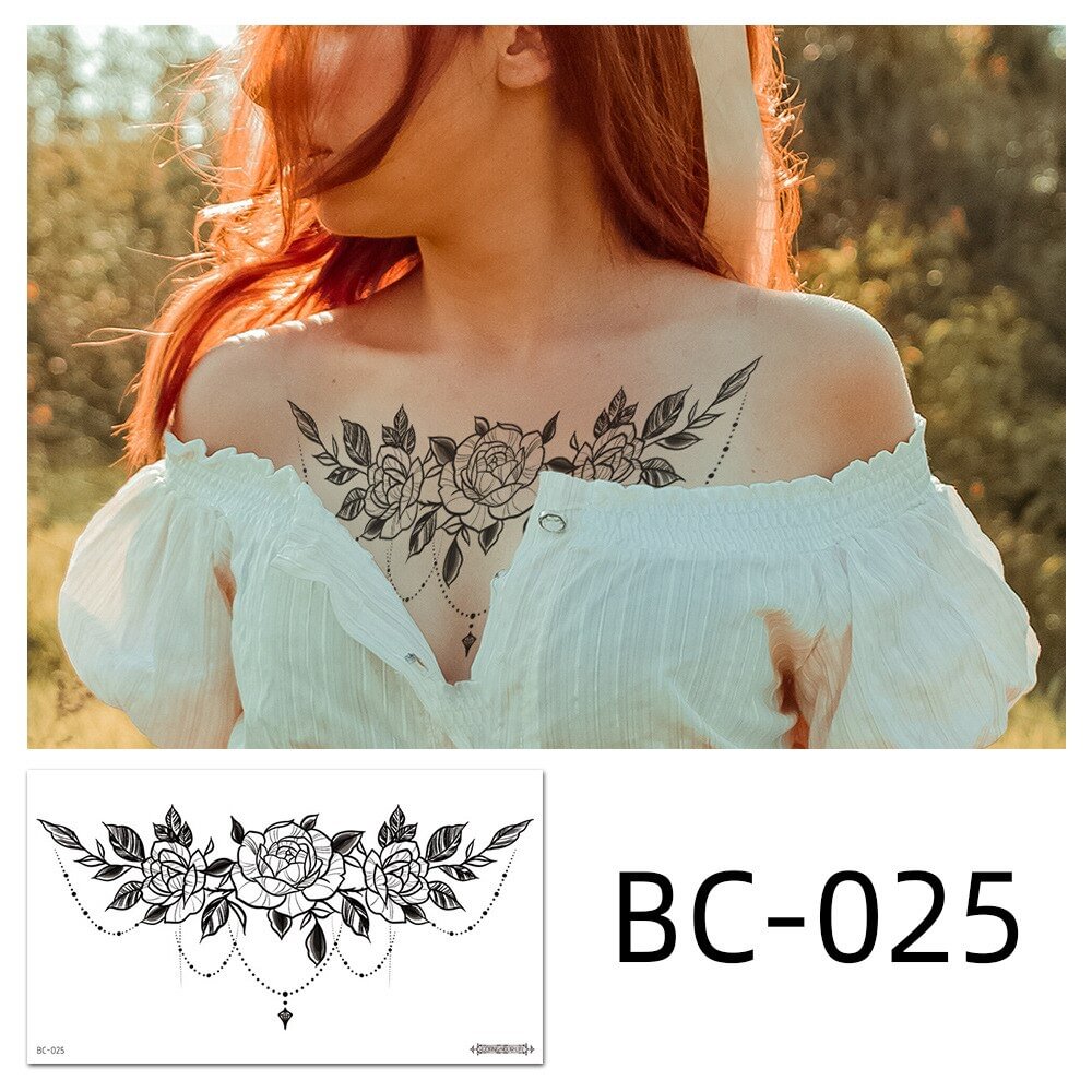 Gingf Waterproof Temporary Tattoo Sticker Female Clavicle Chest Cover Scar Flower Body Art Fake Tattoo Sexy Fashion Tattoo Paper