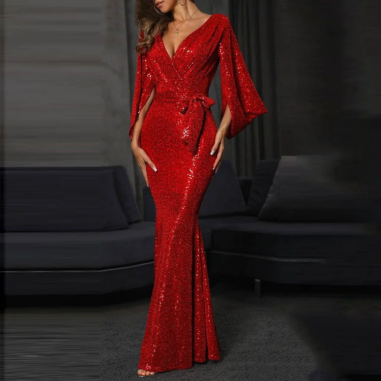 Promsstyle Glittering sequin deep v neck tie up waist slim maxi dress Prom Dress 2023