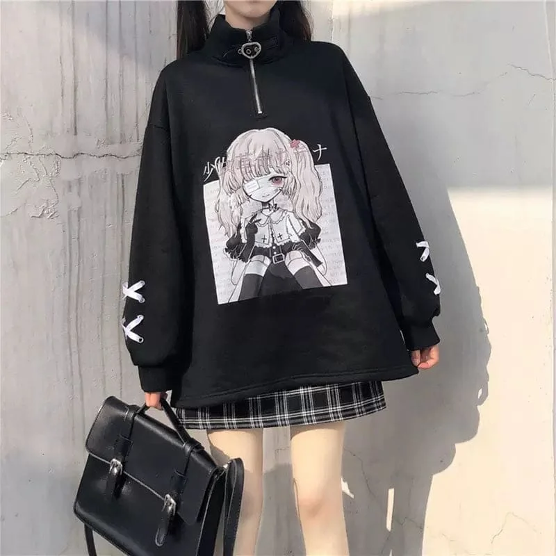 Black White Anime Girl Print Zipper Sweatshirt ON127