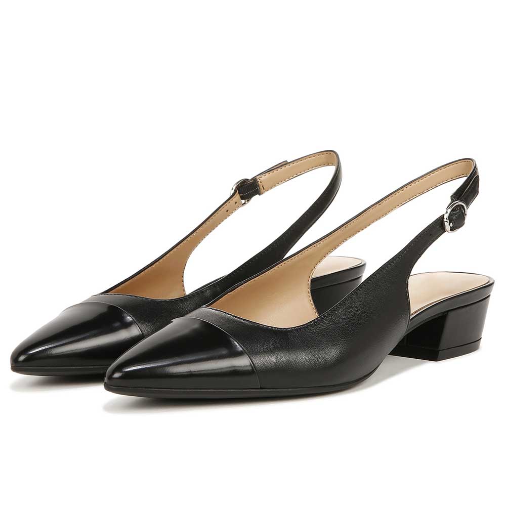 Black Vegan Leather Pointed Toe Chunky Heel Slingback Pumps Nicepairs