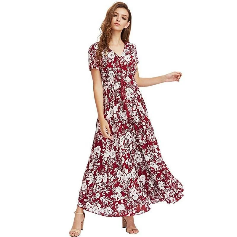 Meladen™ New Bohemian retro ethnischen Stil Urlaub Wind V-Ausschnitt losen langen Kleid langen Rock