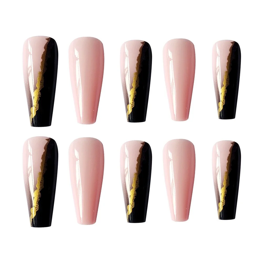 Nude Pink False Nails Fashion Long Black Gold Gradient Coffin Fake Nails Press On Nails Artificial Ballerina Nail Art Full Tips