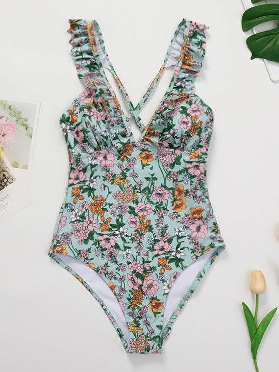 Floral-Print V-Neck One-Piece Swimwear