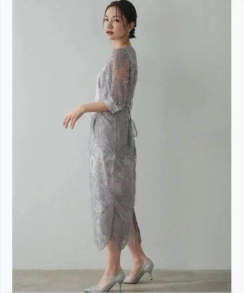 ランタンスリーブ刺繍レース バック リボン ワンピース 結婚式