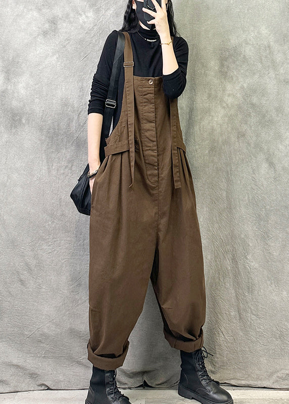 VCSHOES Coffee Pockets Patchwork Cotton Strap Pants Summer