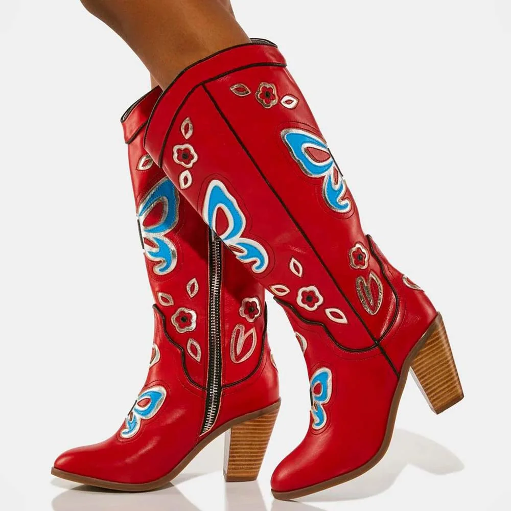 Leather Knee Boots Red Zipper Knee Boots with Flower Butterfly Prints Nicepairs