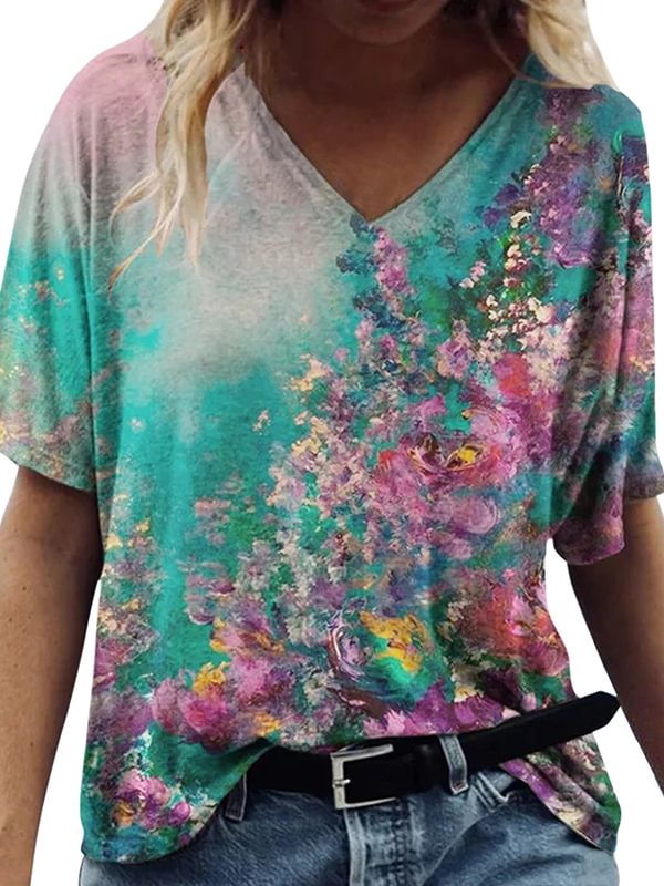 Colorful Flowers Printed Casual Tee