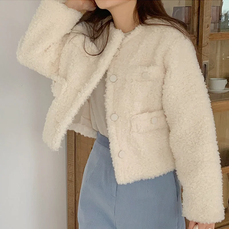 UForever21 Autumn Winter Long Sleeve Furry Coat Women Korean Fashion Loose O-Neck Single Breasted Casual Short Jacket Ladies Outerwear