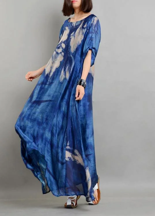 Diy Blue Print Half Sleeve Two Pieces Set Summer Chiffon Dress