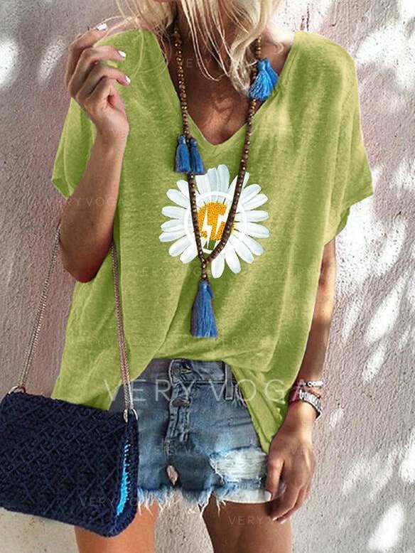 Sun flower  Cotton-Blend Casual Short Sleeve Shirts & Tops