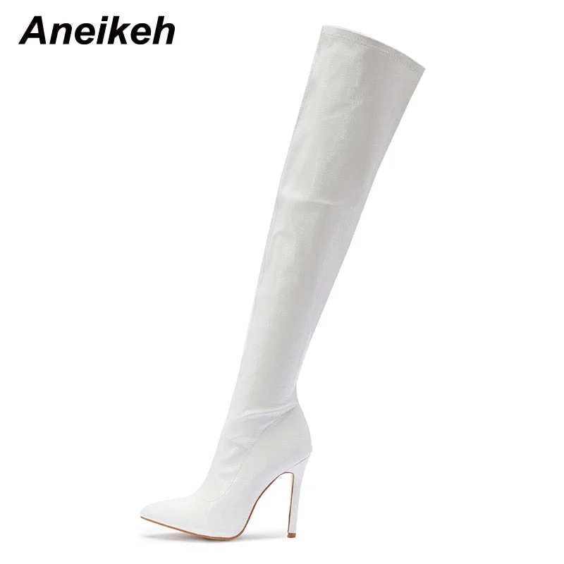Aneikeh NEW  Fashion Striped 11CM Thin Heels Ladies  Boots 2022 Spring Sexy Over-the-Knee Side Zipper Slip-On Pointed Toe  Shoes
