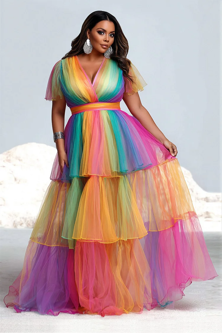 Xpluswear Design Plus Size Vacation Boho Rainbow Gradient Wrap Neck Short Sleeve Ruffle Tiered Tulle Maxi Dresses [Pre-Order] 2024 - Xpluswear
