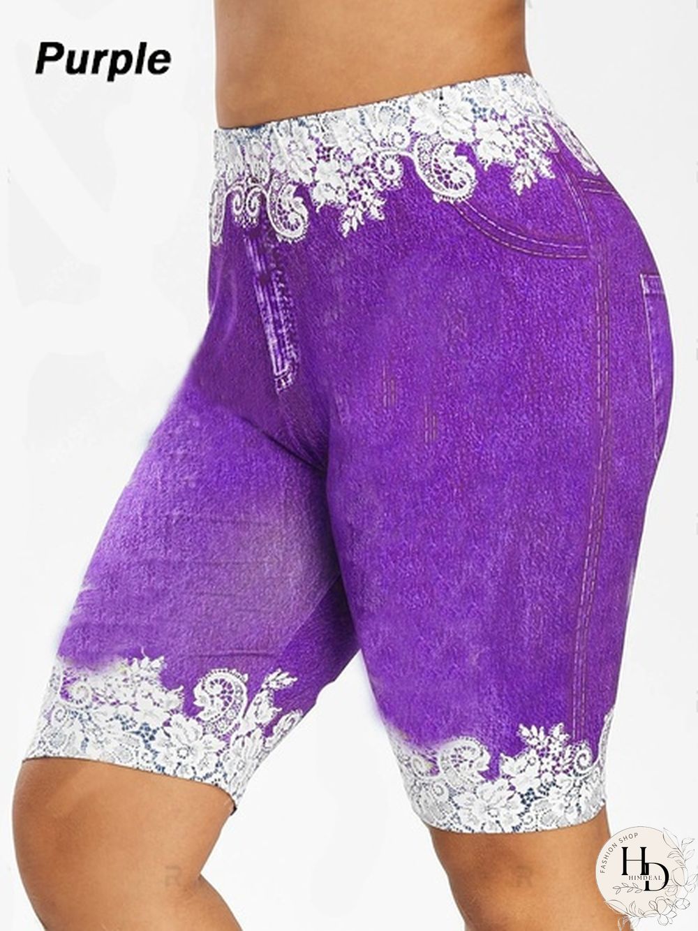 Womens Fashion New Plus Size Denim Leggings Summer Floral Printed Shorts Fitted Faux Jean