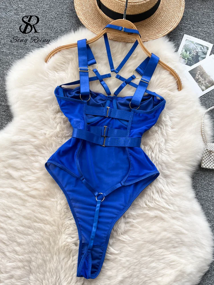 Tanguoant Sexy Hollow Out Playsuits Female Strap Transparent Thin Slim Jumpsuits 2023 Summer Mesh Lace Halter Club Bodysuits