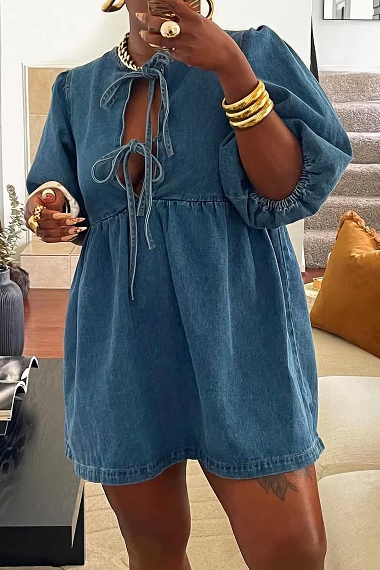 Plus Size Daily Blue Round Neck Puff Sleeve Half Sleeve Bow Tie Denim Mini Dresses [Pre-Order] 2024 - Xpluswear
