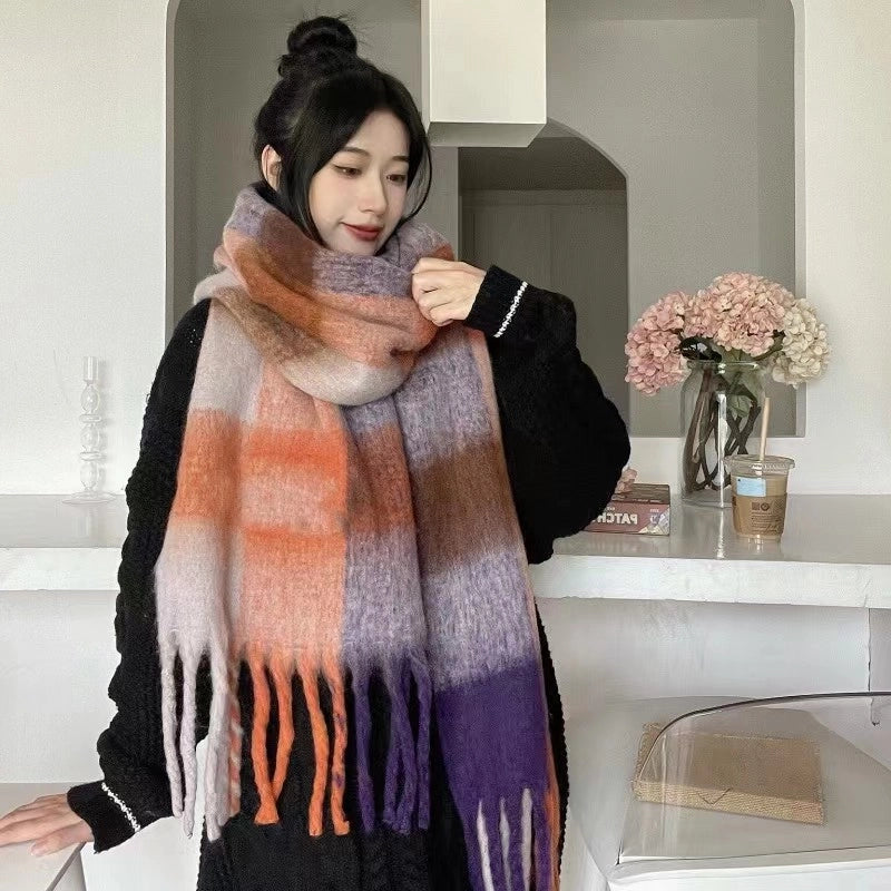 Rainbow Plaid Tassel Scarf For Women Autumn And Winter Famous Color Matching Cashmere Mohair Shawl Thickened Scarf