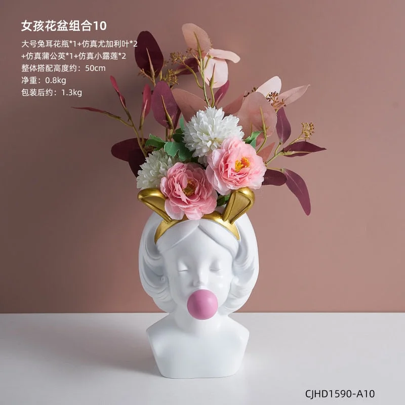 Nordic style girl flower pot plant resin flower pot rabbit ear/cat ear girl potted modern living room decoration decoration gift