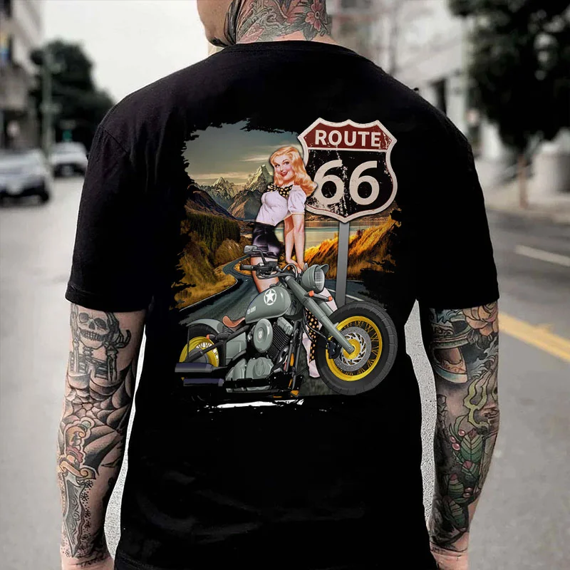 ROUTE 66 Sexy Motorcycle Lady Print Men's T-shirt