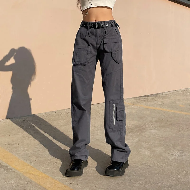 Rapcopter y2k Vintage Grey Cargo Jeans Ppockets Zipper Bandage Solid Trousers Fashion Baggy Streetwear Sweatpants Women Korean