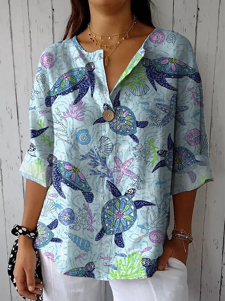 Sea Turtle And Coral Reef Pattern Printed Women's Casual Cotton Linen Shirt