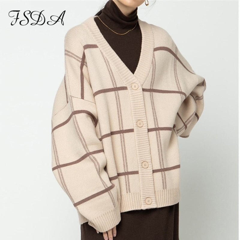 FSDA 2021 Oversized Cardigan Women V Neck Autumn Winter Long Sleeve Brown Loose Casual Sweater Knitted Fashion