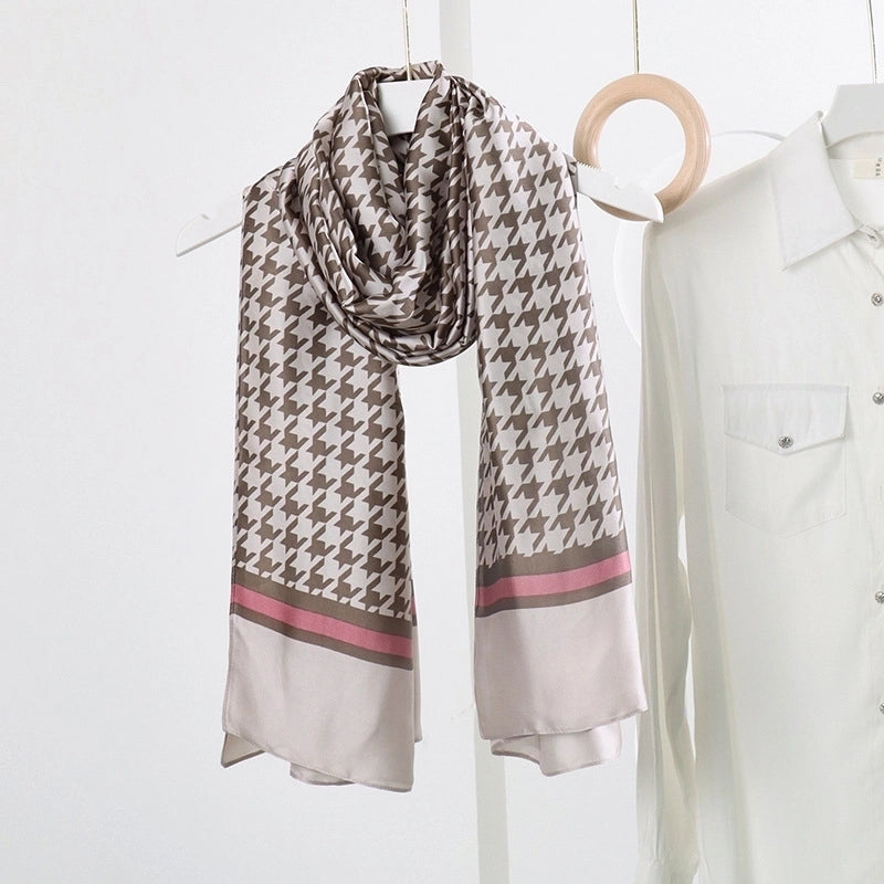 Women’s Fashion Letter Plaid Satin Printing Silk Scarves