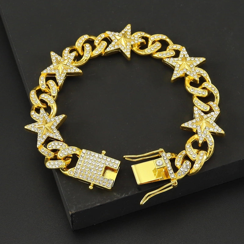Cool Full Diamond Hip Hop Five-Pointed Star Men's Brace Lace Bracelet Rap Hip Hop Star Chain Bracelet