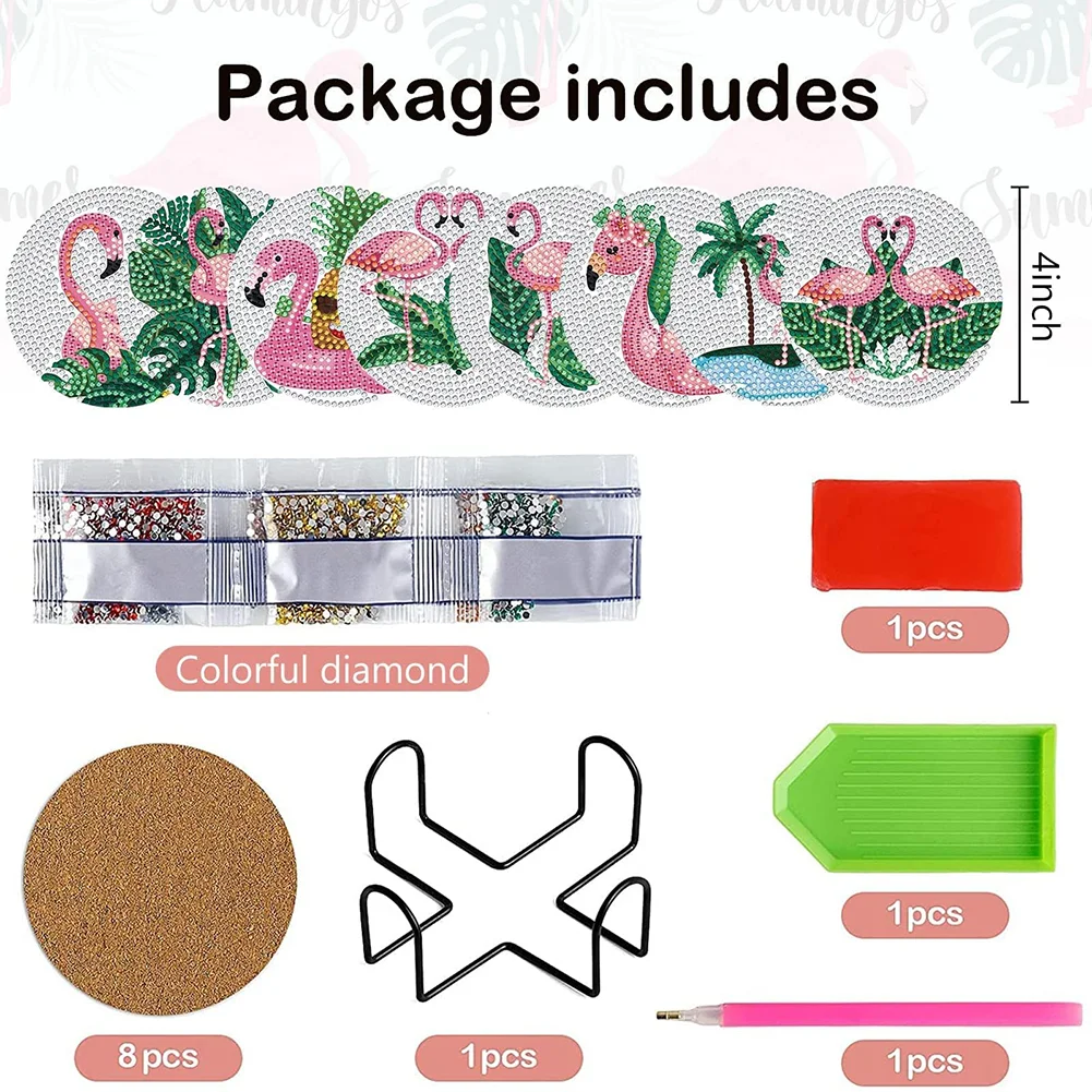 8pcs DIY Flamingo Art Acrylic Diamond Painting DIY Coaster for Adults Kids