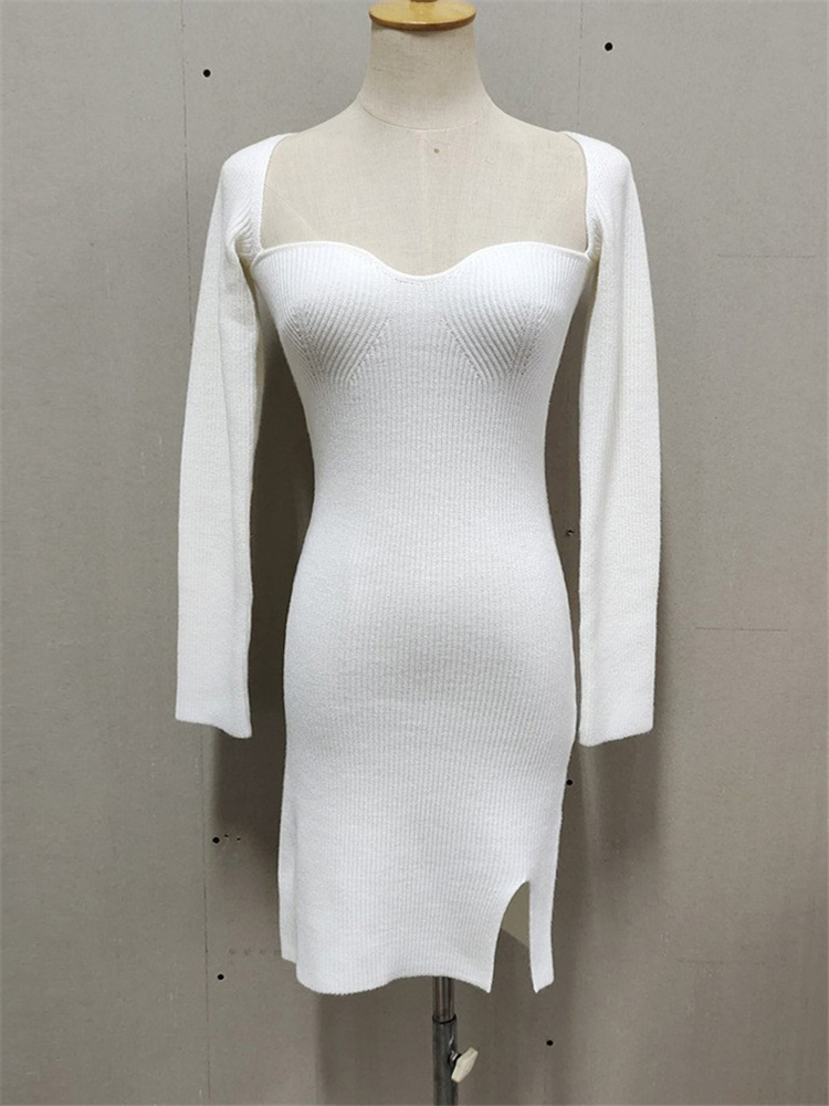 Ootddress Knit White Dress For Women Casual Long Sleeve Sweater Dress Female Slim Bodycon V-Neck Mini Dresses Spring 2025