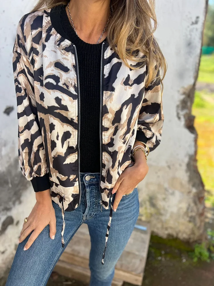 Women's Spring Zebra Print Zipper Bomber Jacket