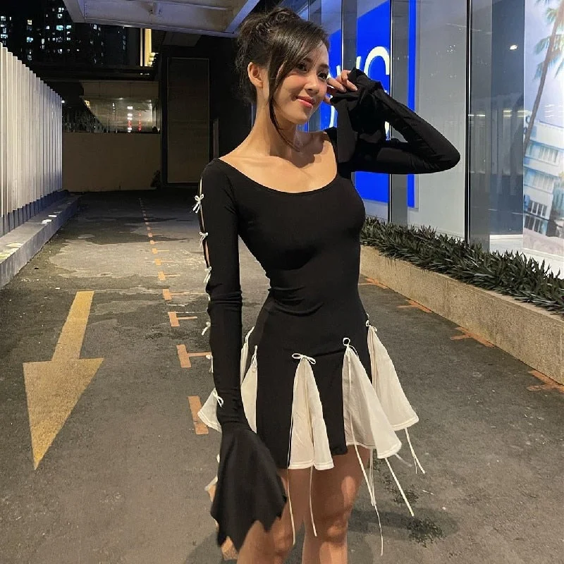 Toloer Black Long Sleeve White Frill Patchwork Bow Mini Dress-Outfit Ideas