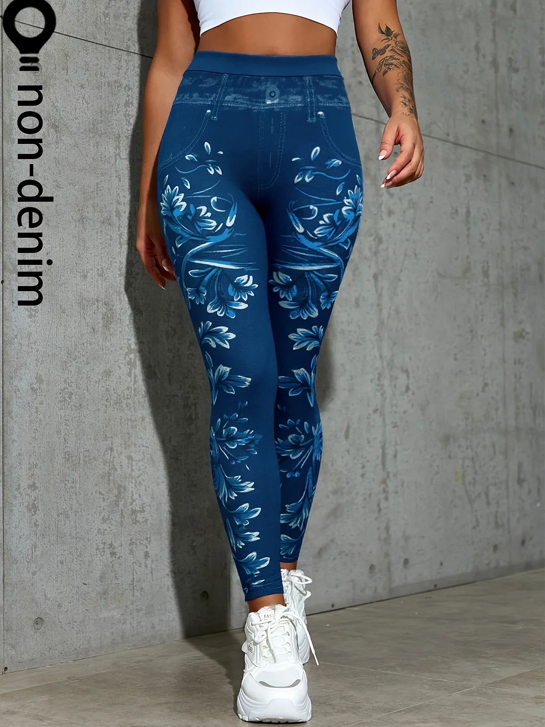 Women's High-Waisted Imitation Denim Leggings With Floral Print & Faux Pockets - Tight-Fit Stretch Pants, Machine Washable Casual Comfort For All-Season Wear, High Waisted Leggings, Comfortable Fit | IFYHOME