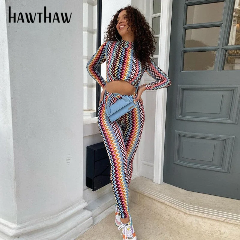 Hawthaw Women Autumn Long Sleeve Printed T Shirt Tops Long Pants Two Piece Set Suit Outfit Wholesale Items 2021 Fall Clothes